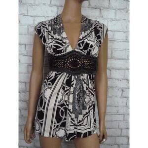 $150 SKY Black Leather Crochet Trim Tan Pleated Blouse Vneck Top Small NEW